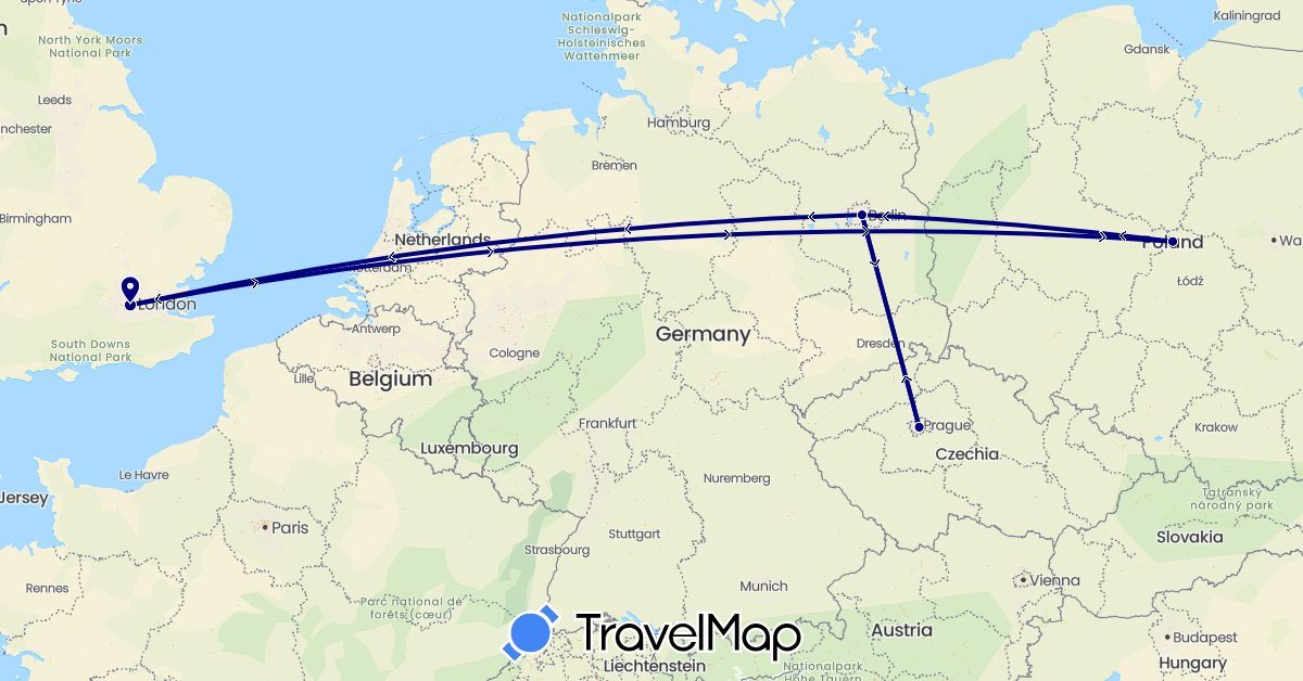 TravelMap itinerary: driving in Czech Republic, Germany, United Kingdom, Poland (Europe)